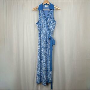 DVF Wrap Dress XL Midi Knit Sweater Stretch Sleevless Blue Resortwear Vacation